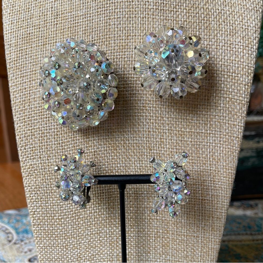 Aurora Borealis Crystal Brooch Clip Earrings Bundle Vintage Jewelry 1950 1960